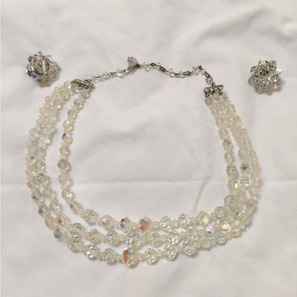 Vintage Faux Crystal Necklace 16” and Earrings,3 strands of sparkling beads.